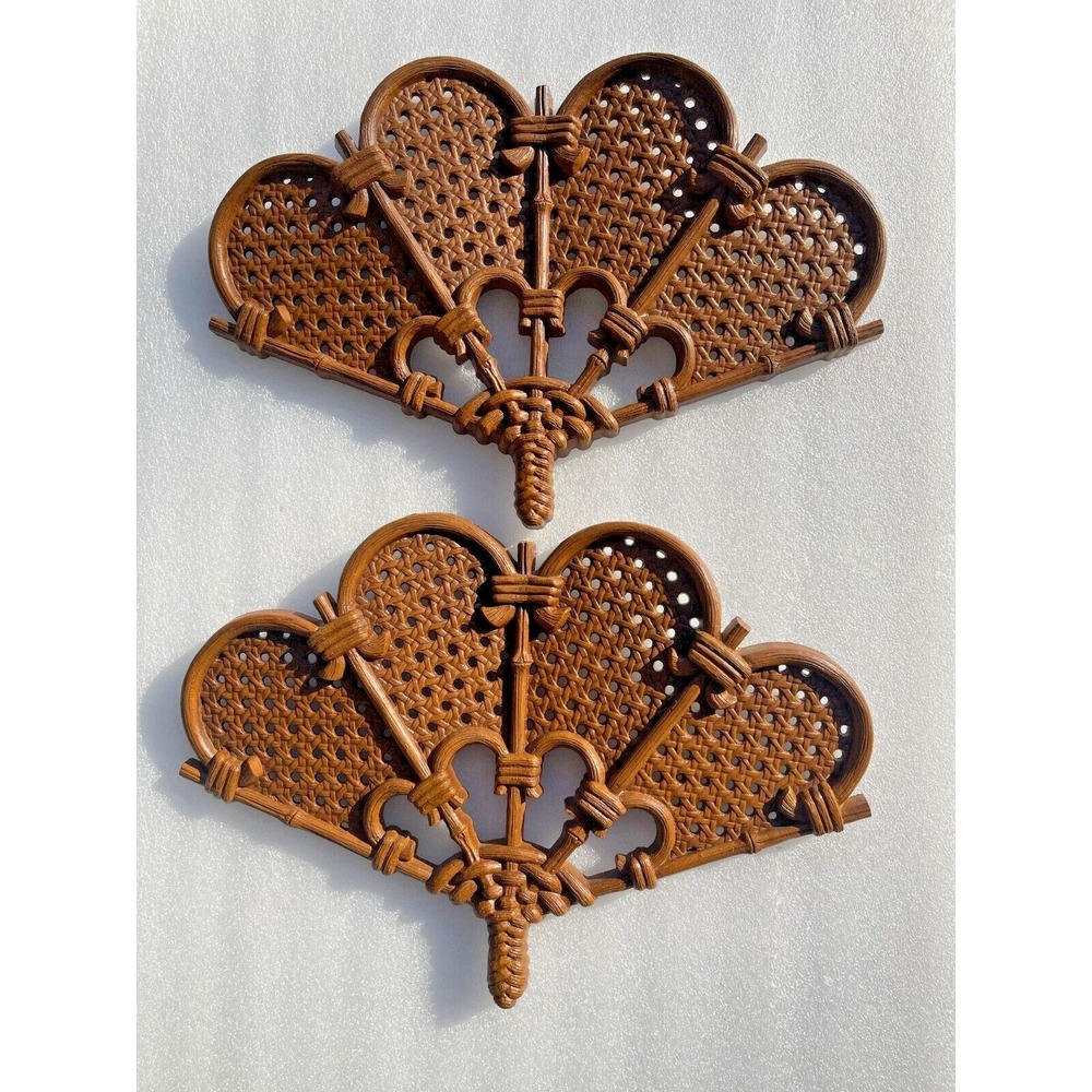 2 Burwood Fans/ Fan Wall Plaques Home Interiors  Faux Wicker 2489 Vintage‎ USA
